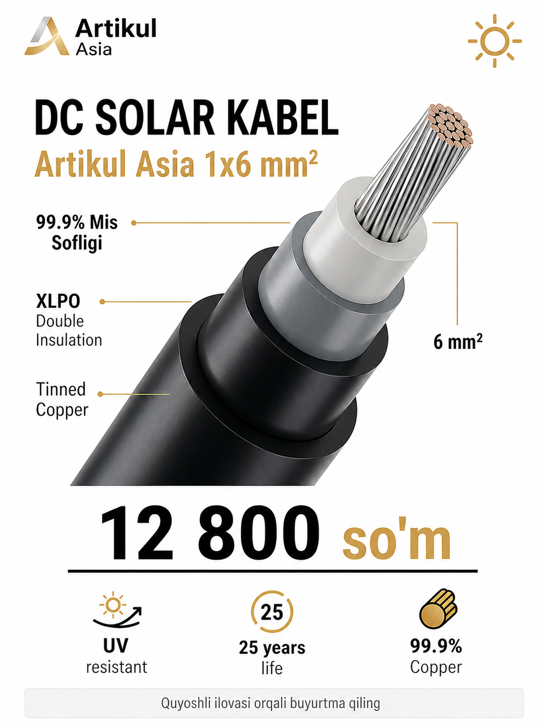 Kabel 1x6 quyosh stansiyasi uchun